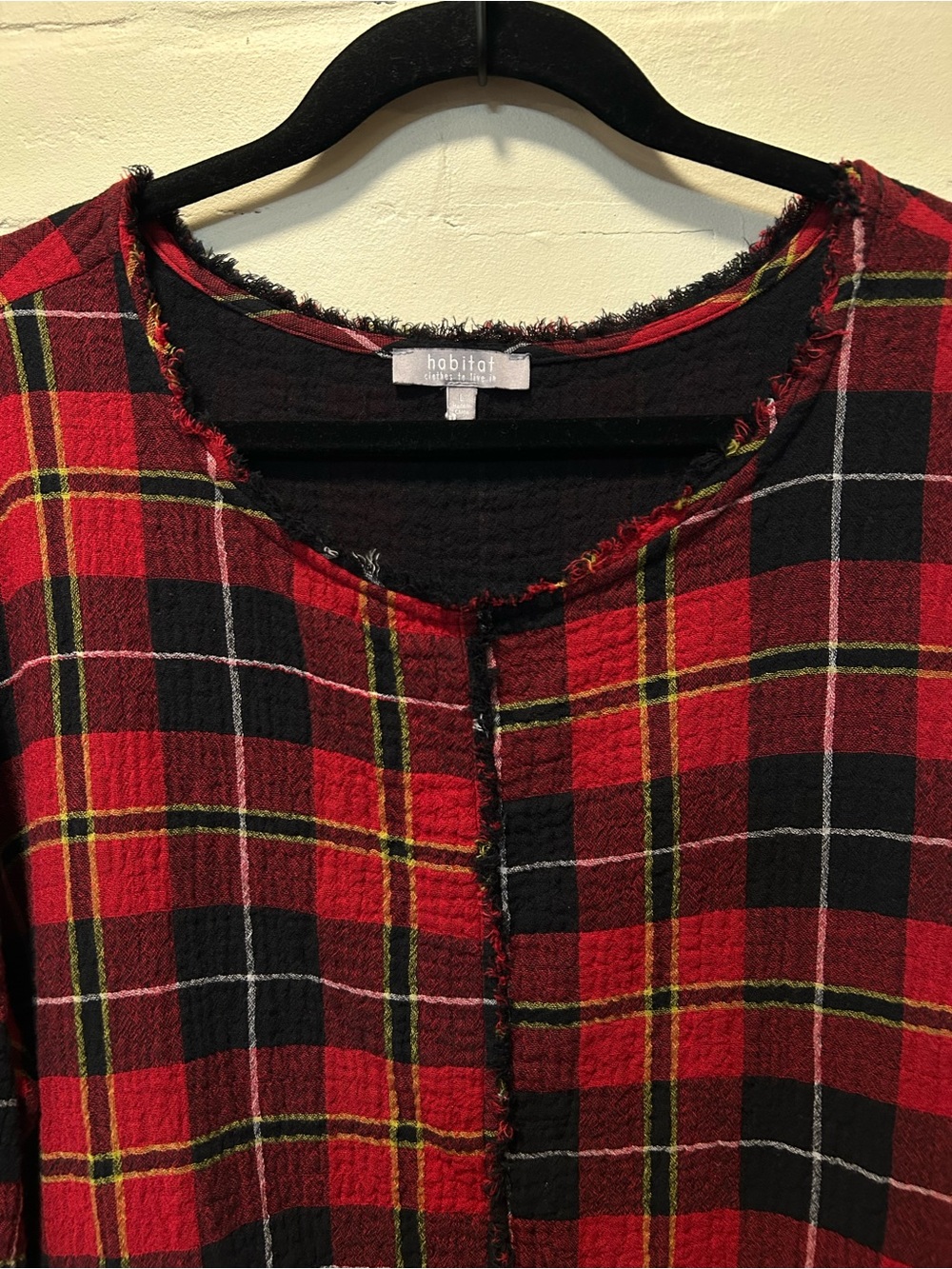 Habitat Plaid Pocket Pullover Top Red Black Crinkle Gauze Lagenlook Size L 75810 - Picture 3 of 6